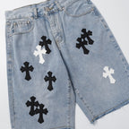 Chrome Hearts Herre Denim Shorts med Kryds Applikationer Blå Bomuld — Image 4