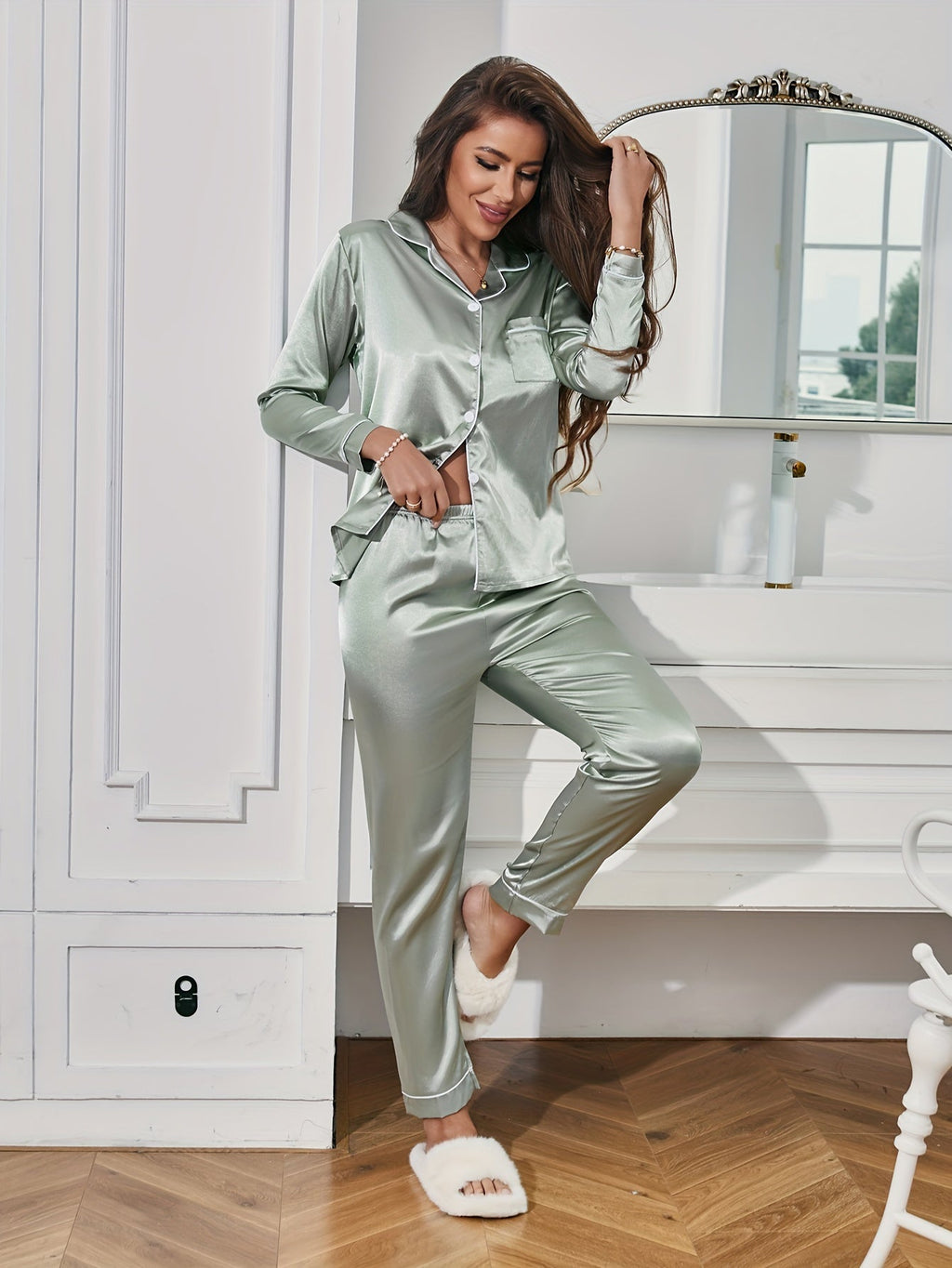 Kvinde Satin Pyjamassæt - Silkeagtig Komfort, Forskellige Farver — Image 11
