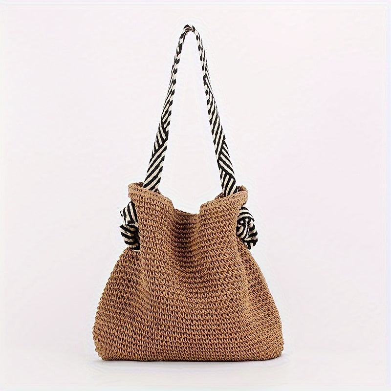 Håndvævet Jute Strandtaske med Stribet Strop, Brun, Unisex — Image 6