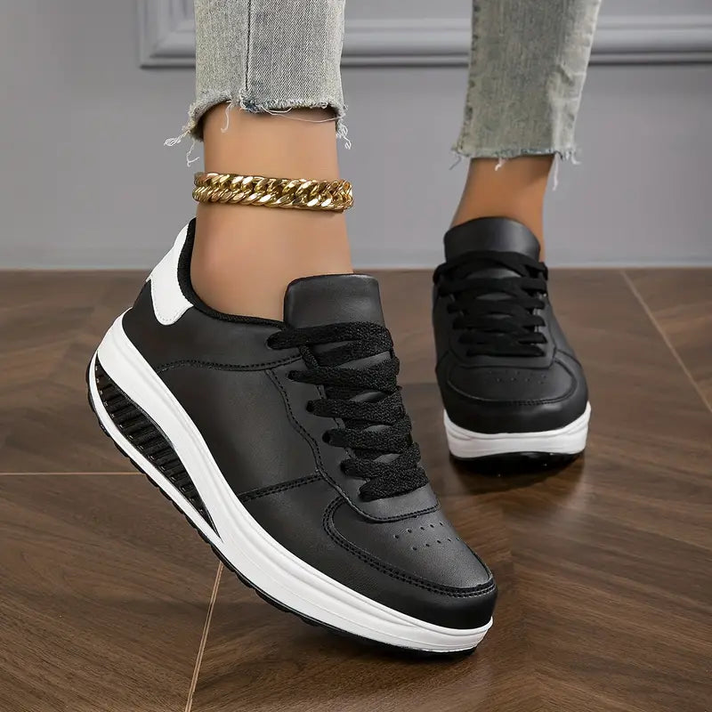 Fashion Dame Sneakers Syntetisk Læder Sort Hvid Komfortabel Snørebånd — Main Image