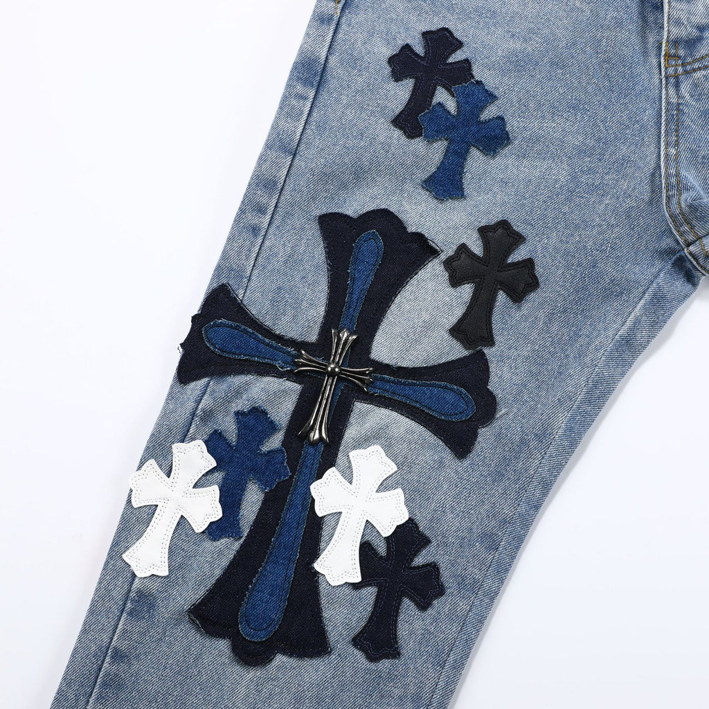 Unisex Denim Jeans med Krydsbroderi i Blå og Sort Bomuld — Image 26