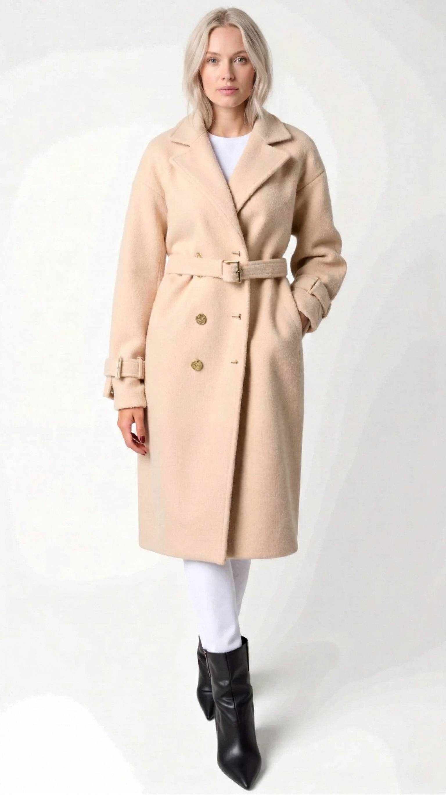 Elegant Beige Frakke med Bælte til Kvinder - Uldblanding, Medium