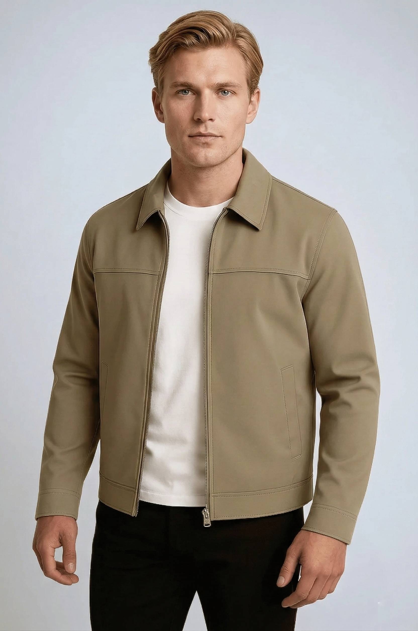 Stilfuld Herrejakke i Beige - Lynlås - Polyester.