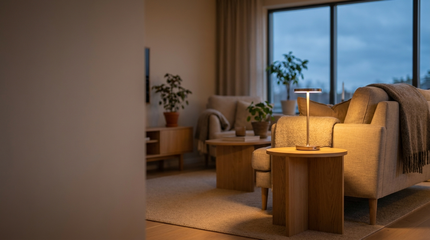 Hyggelig skandinavisk stue oplyst af en elegant Opditch LED bordlampe