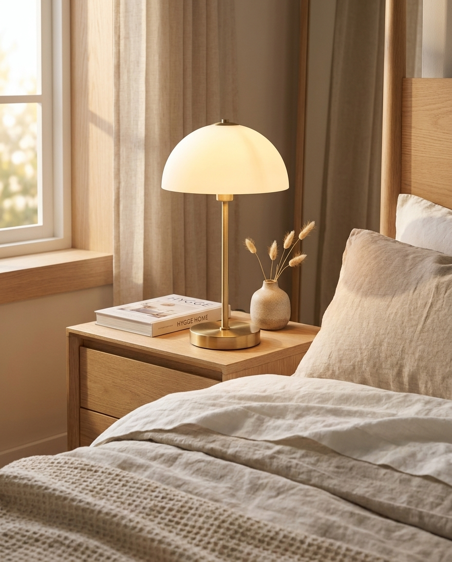 Opditch Nordic Dome bordlampe i messing med hvid opalglasskærm, tændt på natbord i soveværelse