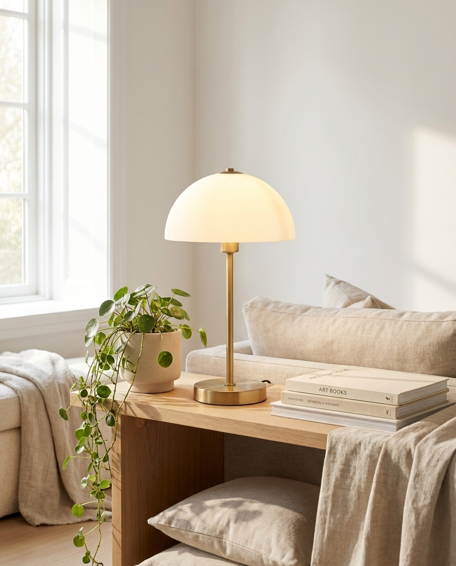 Opditch Nordic Dome bordlampe i messing med hvid opalglasskærm, tændt på konsolbord i stue