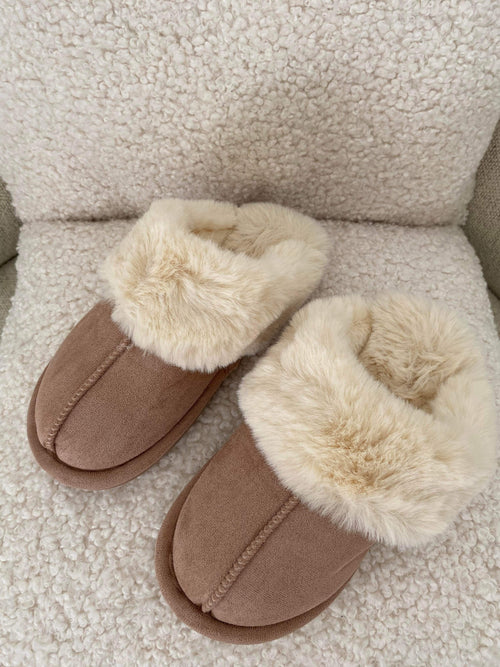 Bløde hjemmesko til kvinder med pelsfor i brun og creme, størrelse M — Image 2