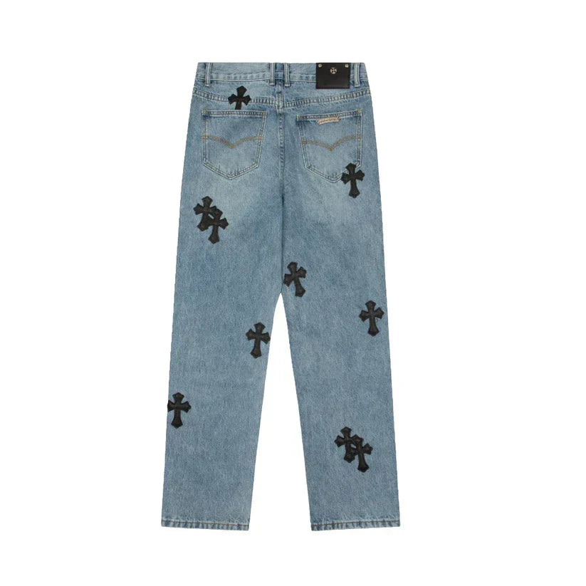 Chrome Hearts Herre Denim Jeans Blå Kryds Applikationer Bomuld — Image 3